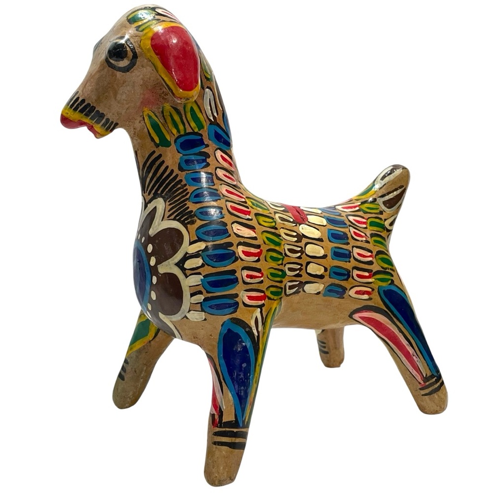 Vintage 1970s Mexican Pottery Folk Art Hand Painted Clay Dog "Piggy" Coin Bank